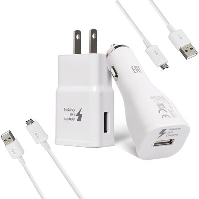 Sharko Adaptive Fast Charger Kit for Samsung Galaxy S7/S7 Edge/S6/Note5/4 /S3 (Wall Charger + Car Charger + 2 x Micro USB Cable) White (S7 Fast Charger Set)