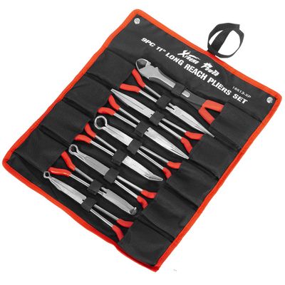 XtremepowerUS 9 Pieces 11" Long Reach Needle Mechanics Electricians Craft & Hobby Nose Pliers 45 Bent Nose90 Bent Nose Plie Diagonal Pliers for Narrow Spaces with Pouch Set