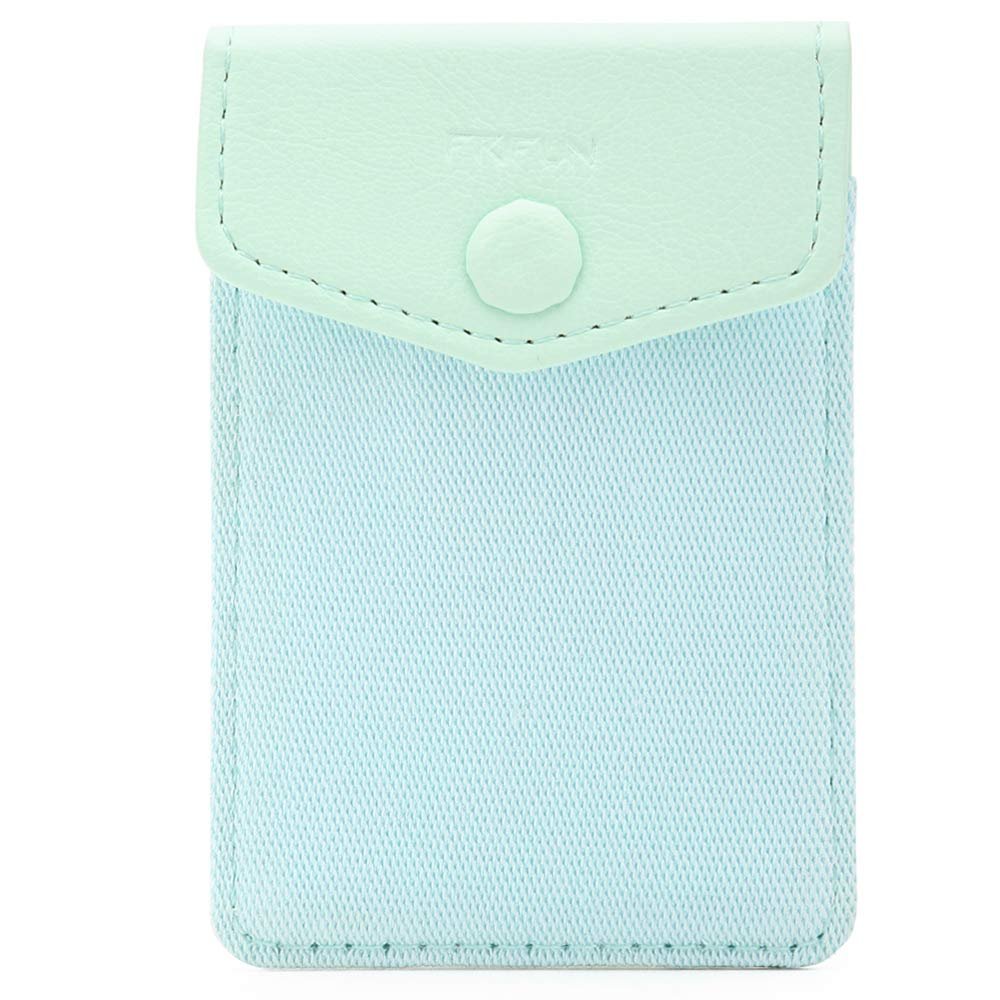 FRIFUN Card Holder for Back of Phone with snap Ultra-Slim Self Adhesive Wallet Stick on Cell Phone RFID Blocking Sleeve Covers Credit Cards and Cash(Mint)