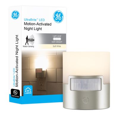 GE LED Motion Sensor Night Light, Plug into Wall, 40 Lumens, Soft White, UL-Certified, Energy Efficient, Ideal Nightlight for Bedroom, Bathroom, Kitchen, Hallway, 29844, Silver, 1 Pack