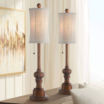 Regency Hill Bertie Traditional Natural Cottage Buffet Table Lamps 28" Tall Skinny Set of 2 Warm Brown Wood Tone Fabric Drum Shade Decor for Living Room Bedroom House Bedside Nightstand Home
