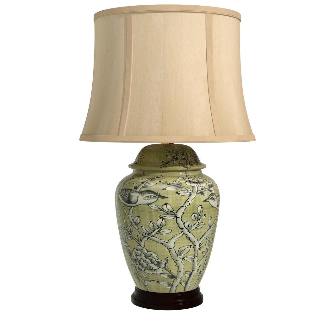 Red Lantern 25" Jade Green Birds and Flowers Lamp