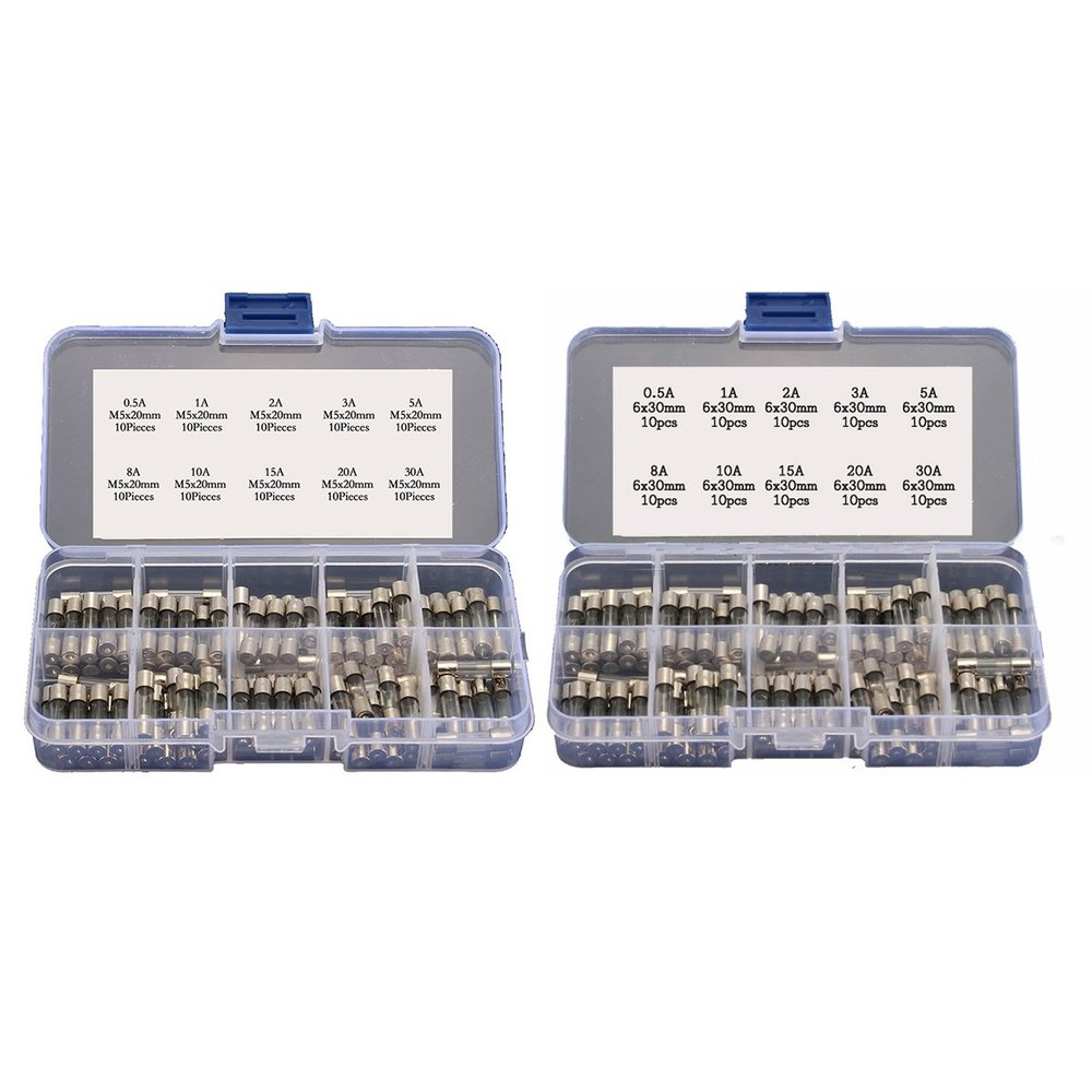 200pcs (100pcs 5x20mm 100pcs 6x30mm) Fast-Blow Glass Fuses Quick Blow Car Glass Tube Fuses Assorted Set Kit 0.5A 1A 2A 3A 5A 8A 10A 15A 20A 30A