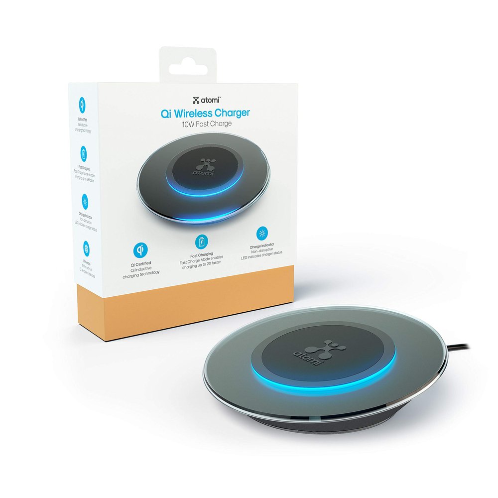 Atomi - Wireless Charge Pad - 10W Qi Wireless Technology compatible with Apple iPhone X/iPhone 8/8 Plus, Samsung Galaxy Note 8 / S8 / S8+ and All Qi-Enabled Devices - Black