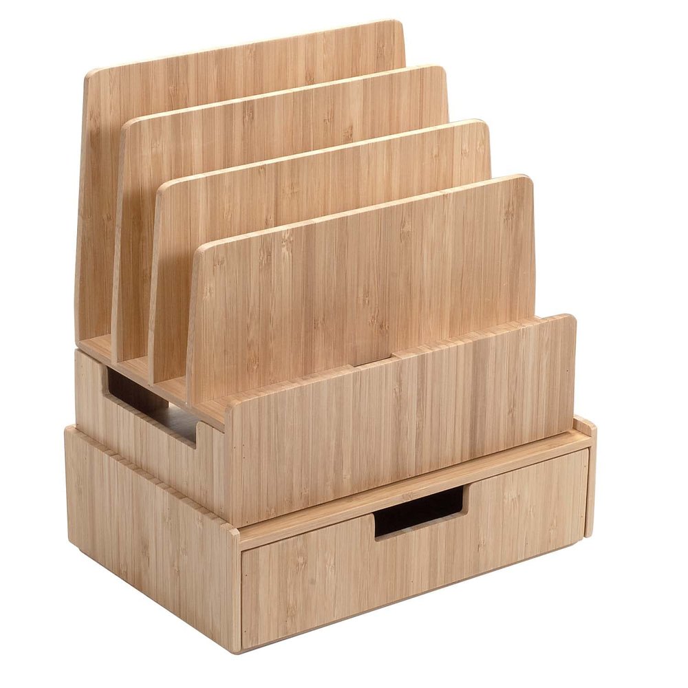 Charging Station Stand Combo with Bamboo Drawer; Extra Storage for Smartphones, Tablets, Laptops & Organizer for Office Supplies and Stationary Items