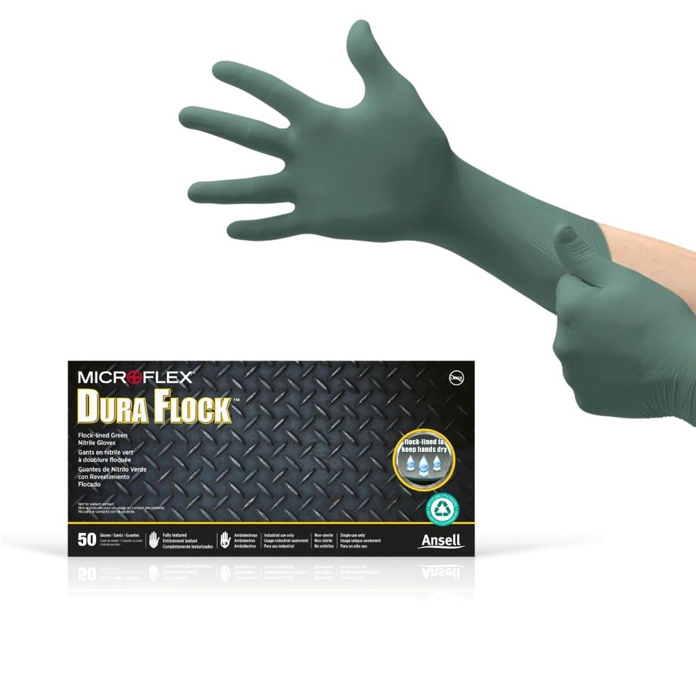 Ansell MICROFLEX Dura Flock DFK-608 Thick 11mil Nitrile Gloves for Automotive, Aftermarket, Machinery - XL, Green (Box of 50)