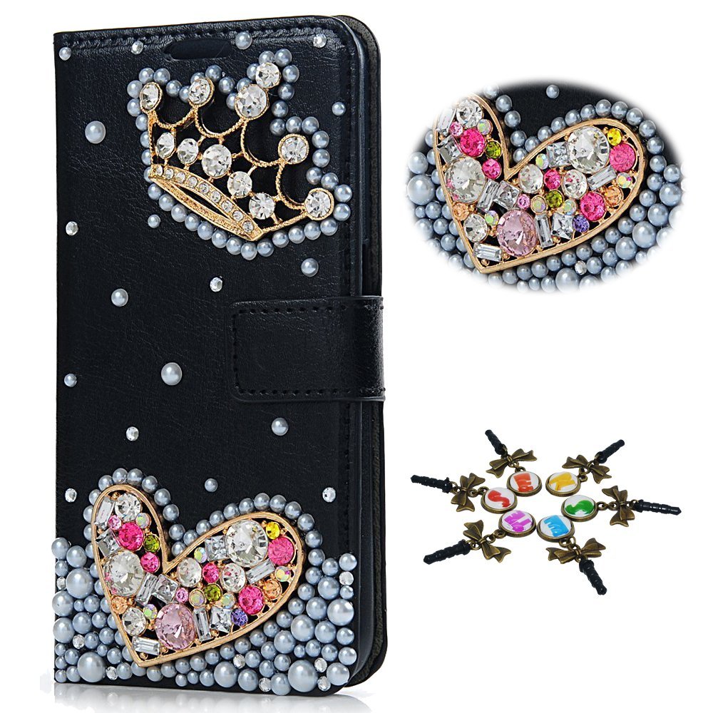 STENES Bling Case Compatible with Galaxy Note 5 Case - 3D Handmade Crystal Crown Pretty Heart Sparkle Wallet Credit Card Slots Fold Stand Leather Cover - Colorful