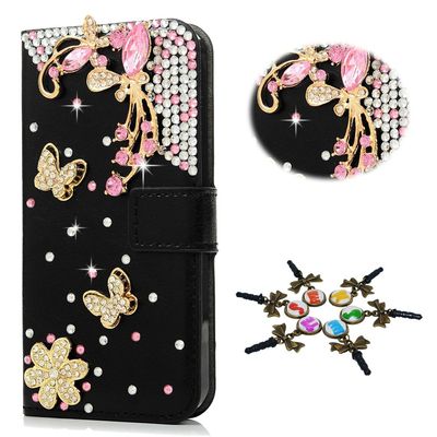 STENES Bling Case Compatible with Galaxy Note 5 Case - 3D Handmade Crystal Pretty Butterfly Flowers Sparkle Wallet Credit Card Slots Fold Stand Leather Cover - Pink