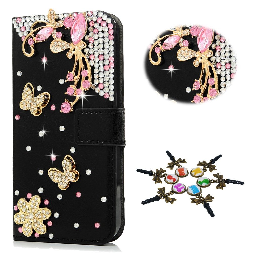 STENES Bling Case Compatible with Galaxy Note 5 Case - 3D Handmade Crystal Pretty Butterfly Flowers Sparkle Wallet Credit Card Slots Fold Stand Leather Cover - Pink
