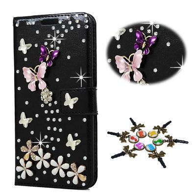 STENES Bling Case Compatible with Galaxy Note 5 Case - 3D Handmade Crystal Buterfly Floral Sparkle Wallet Credit Card Slots Fold Stand Leather Cover - Purple&Pink
