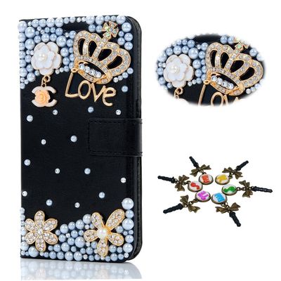 STENES Bling Case Compatible with Galaxy Note 5 Case - 3D Handmade Crystal Crown Flowers Floral Sparkle Wallet Credit Card Slots Fold Stand Leather Cover - Gold