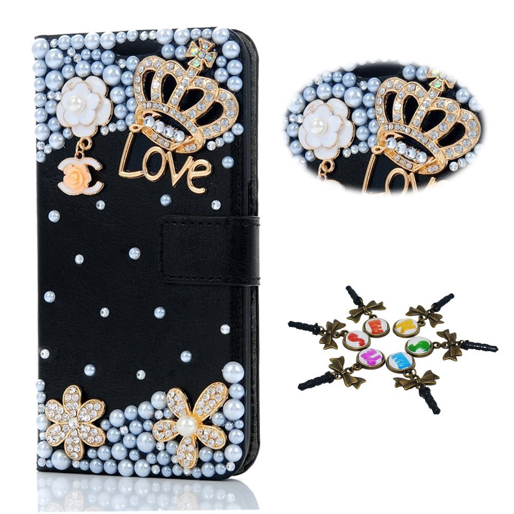 STENES Bling Case Compatible with Galaxy Note 5 Case - 3D Handmade Crystal Crown Flowers Floral Sparkle Wallet Credit Card Slots Fold Stand Leather Cover - Gold