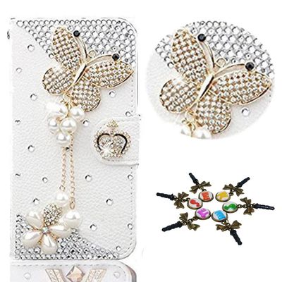 STENES Bling Case Compatible with Galaxy S8 Active Case - 3D Handmade Crystal Butterfly Pendant Flower Sparkle Wallet Credit Card Slots Fold Stand Leather Cover Active - White