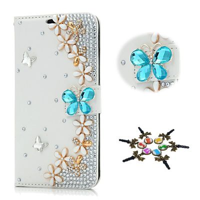 STENES Bling Case Compatible with Galaxy S8 Active Case - 3D Handmade Crystal Butterfly Flowers Floral Sparkle Wallet Credit Card Slots Fold Stand Leather Cover Active - Blue