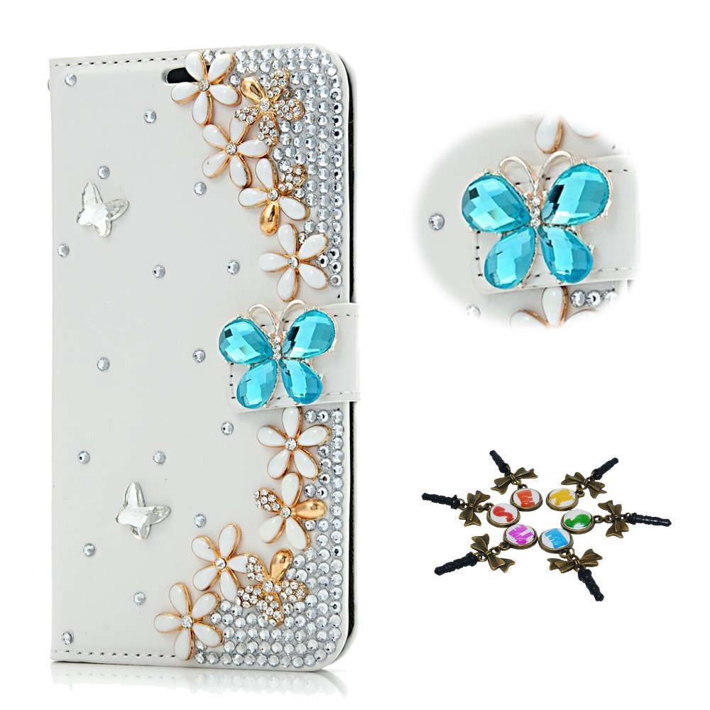 STENES Bling Case Compatible with Galaxy S8 Active Case - 3D Handmade Crystal Butterfly Flowers Floral Sparkle Wallet Credit Card Slots Fold Stand Leather Cover Active - Blue
