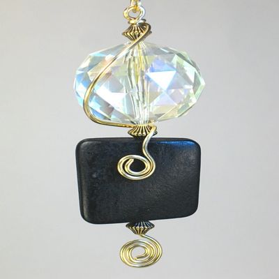 Crystal Faceted Glass and Black Wood Light / Fan Pull Chain