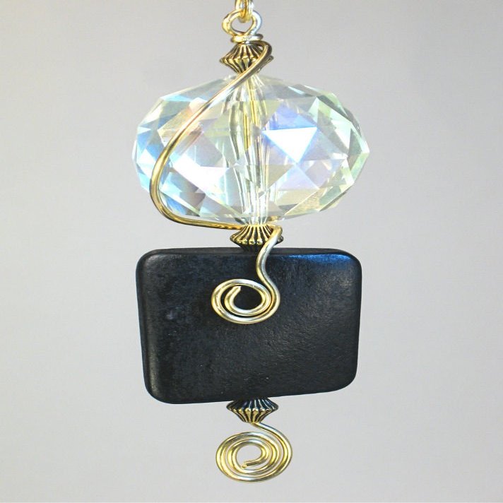 Crystal Faceted Glass and Black Wood Light / Fan Pull Chain