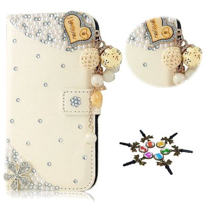 STENES Bling Case Compatible with Galaxy S8 Active Case - 3D Handmade Crystal Heart Pendant Flowers Sparkle Wallet Credit Card Slots Fold Stand Leather Cover Active - White