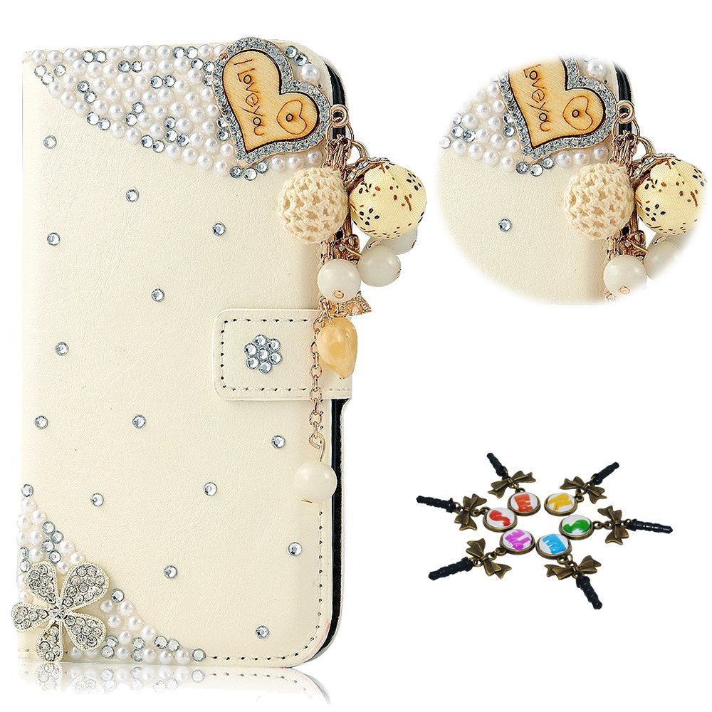 STENES Bling Case Compatible with Galaxy S8 Active Case - 3D Handmade Crystal Heart Pendant Flowers Sparkle Wallet Credit Card Slots Fold Stand Leather Cover Active - White