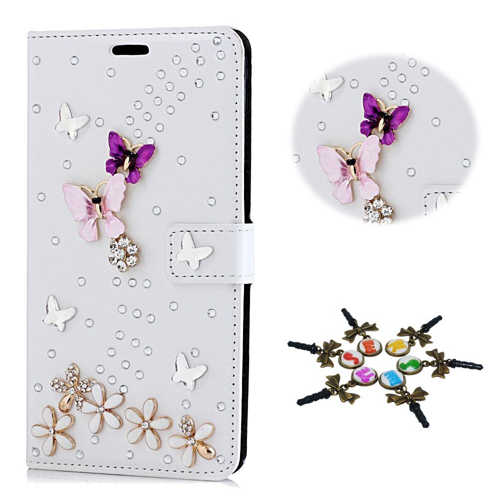 STENES Bling Case Compatible with Galaxy S8 Active Case - 3D Handmade Crystal Dance Buterfly Floral Sparkle Wallet Credit Card Slots Fold Stand Leather Cover Active - White