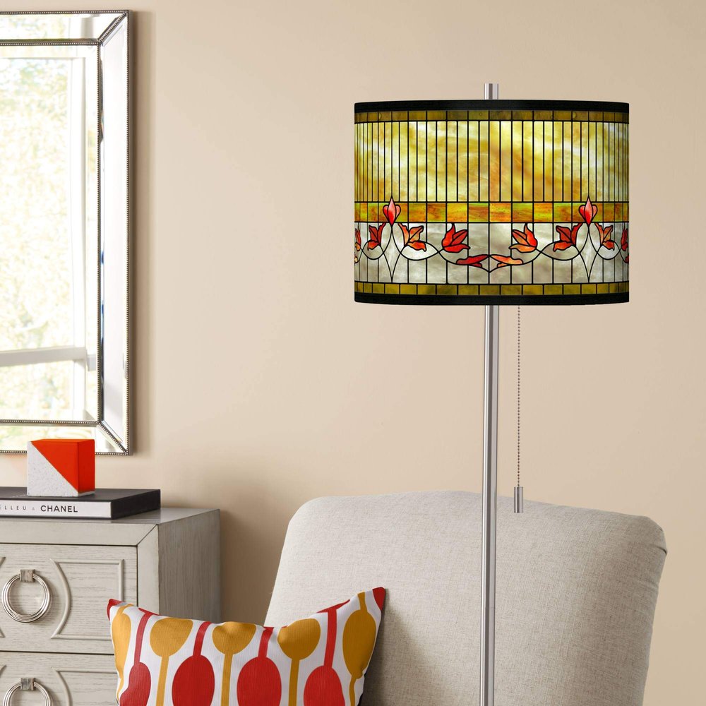 Tiffany-Style Lily Brushed Nickel Pull Chain Floor Lamp with Print Shade