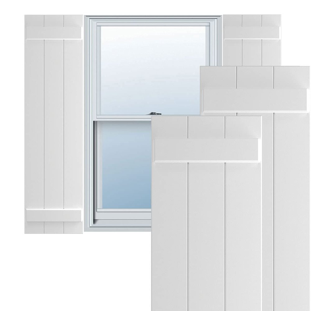 Ekena Millwork 16 1/8"W x 34"H True Fit PVC Three Board Joined Board-n-Batten Shutters, White (Per Pair - Hardware Not Included)
