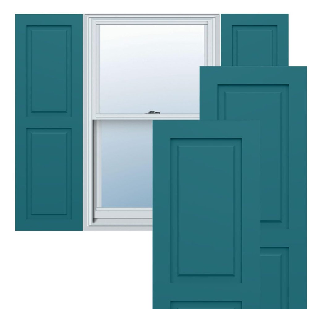 15"W x 49"H True Fit PVC Two Equal Raised Panel Shutters, Viridian Green (Per Pair - Hardware Not Included)