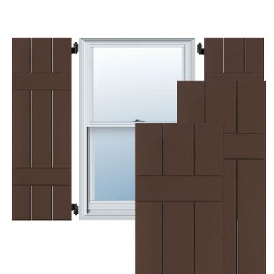 Ekena Millwork RWB12X036TBP Exterior Three Board Real Wood Pine Board-N-Batten Shutters (Per Pair), Tudor Brown, 12" W x 36" H