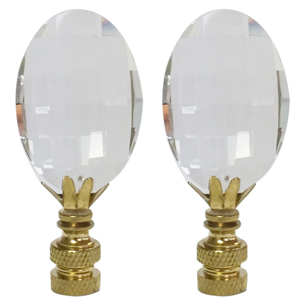 Royal Designs Pendalogue Oval Radiance Cut Clear K9 Crystal 1.5" Lamp Finial for Single Lamp Shade, Polished Brass Base - Set of 2