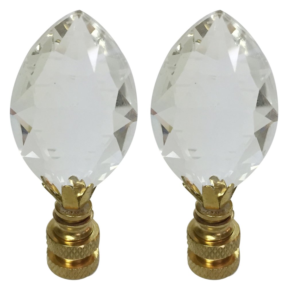 Royal Designs Pear Shaped Clear K9 Crystal 1" Lamp Finial for Single Lamp Shade, Polished Brass Base - Set of 2