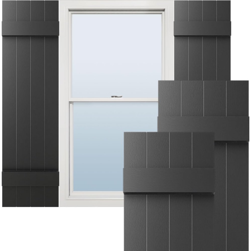 Ekena Millwork Lifetime Vinyl LJ4S14X04300BL Standard Four Board Joined, Board-n-Batten Vinyl Shutters, w/Installation Shutter-Lok's & Matching Screws (Per Pair), 14"W x 43"H, Black