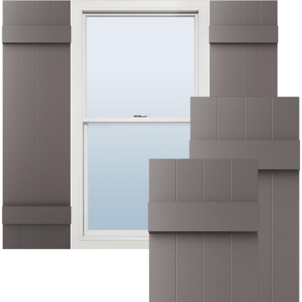 Ekena Millwork Lifetime Vinyl LJ4S14X04300MS Standard Four Board Joined, Board-n-Batten Vinyl Shutters, w/Installation Shutter-Lok's & Matching Screws (Per Pair), 14"W x 43"H, Musket Brown