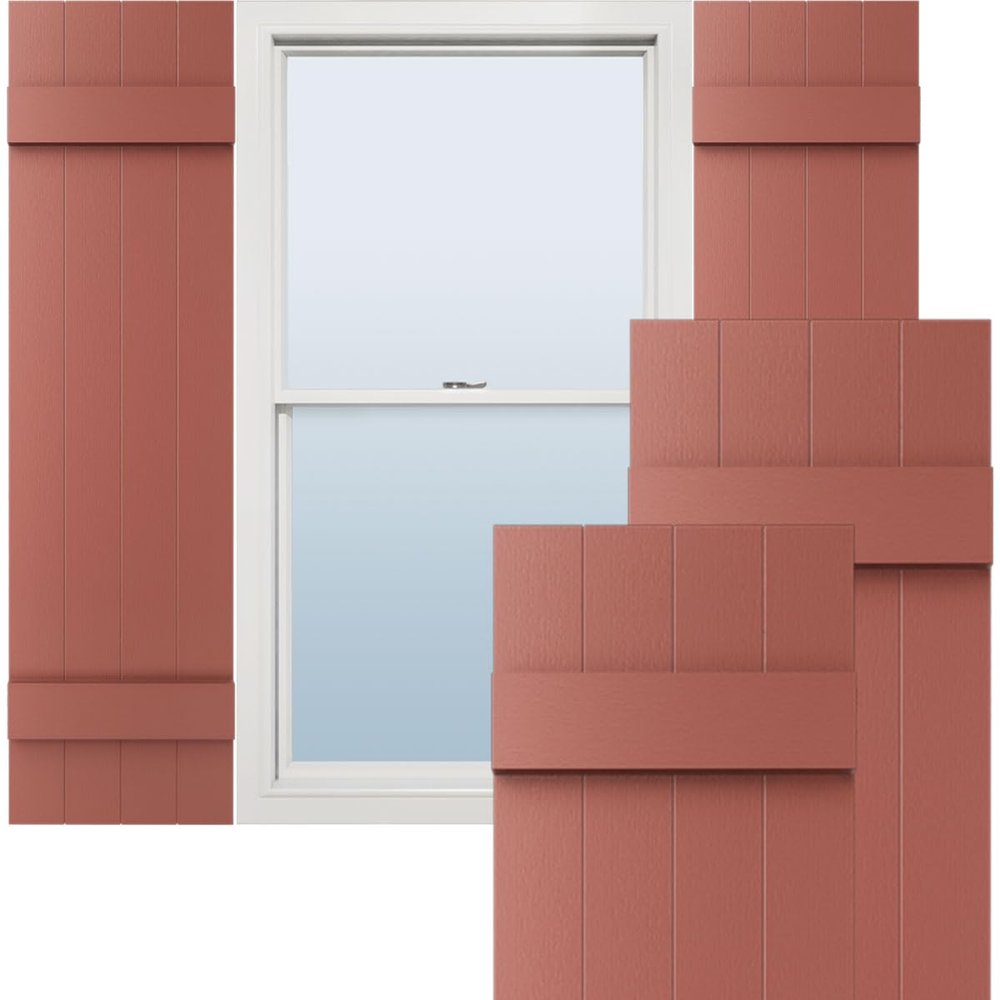 Ekena Millwork Lifetime Vinyl LJ4S14X04300RD Standard Four Board Joined, Board-n-Batten Vinyl Shutters, w/Installation Shutter-Lok's & Matching Screws (Per Pair), 14"W x 43"H, Burgundy Red