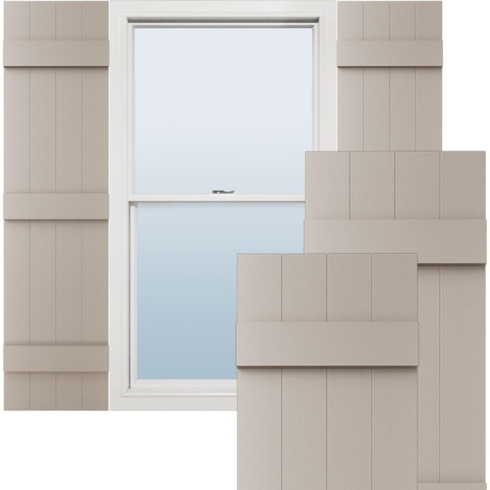 14"W x 59"H Lifetime Vinyl, Standard Four Board Joined, Board-n-Batten Shutters, w/Installation Shutter-Lok's & Matching Screws (Per Pair), Clay