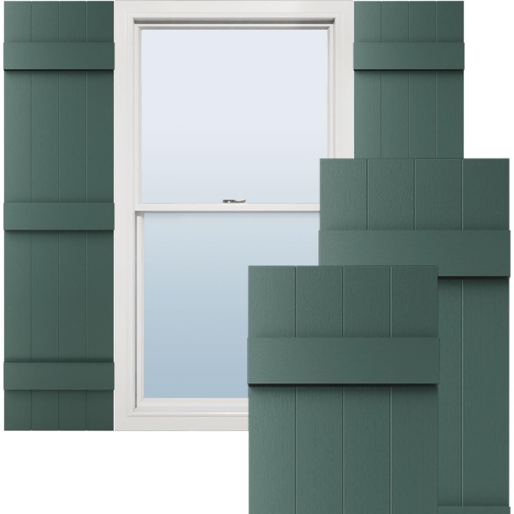 14"W x 80"H Lifetime Vinyl, Standard Four Board Joined, Board-n-Batten Shutters, w/Installation Shutter-Lok's & Matching Screws (Per Pair), Forest Green