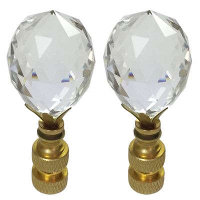 Royal Designs Large Faceted Diamond Cut Clear K9 Crystal 1.75" Lamp Finial for Single Lamp Shade, Polished Brass Base - Set of 2