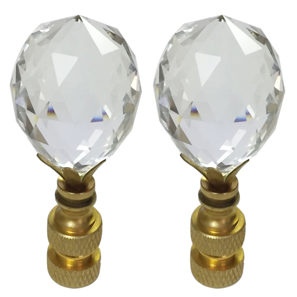 Royal Designs Large Faceted Diamond Cut Clear K9 Crystal 1.75" Lamp Finial for Single Lamp Shade, Polished Brass Base - Set of 2