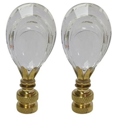 Royal Designs Flat Teardrop Shaped K9 Clear Crystal 1.12" Lamp Finial for Single Lamp Shade, Polished Brass Base - Set of 2