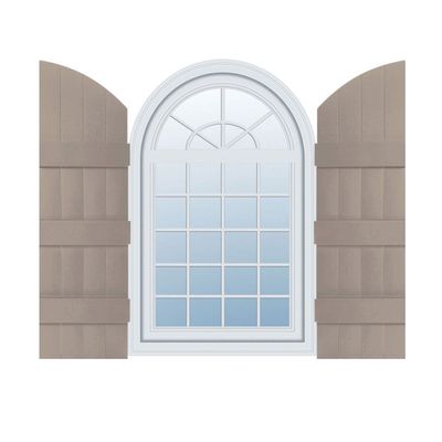 14"W x 81"H (74" Low Side) Lifetime Vinyl, Standard Four Board Joined w/Archtop, Board-n-Batten Shutters, w/Installation Shutter-Lok's & Matching Screws (Per Pair), Clay