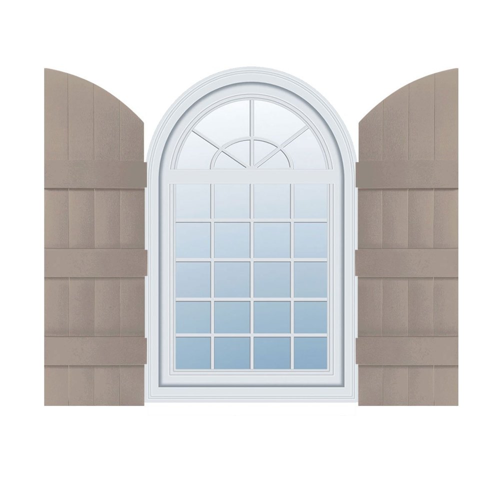 14"W x 81"H (74" Low Side) Lifetime Vinyl, Standard Four Board Joined w/Archtop, Board-n-Batten Shutters, w/Installation Shutter-Lok's & Matching Screws (Per Pair), Clay