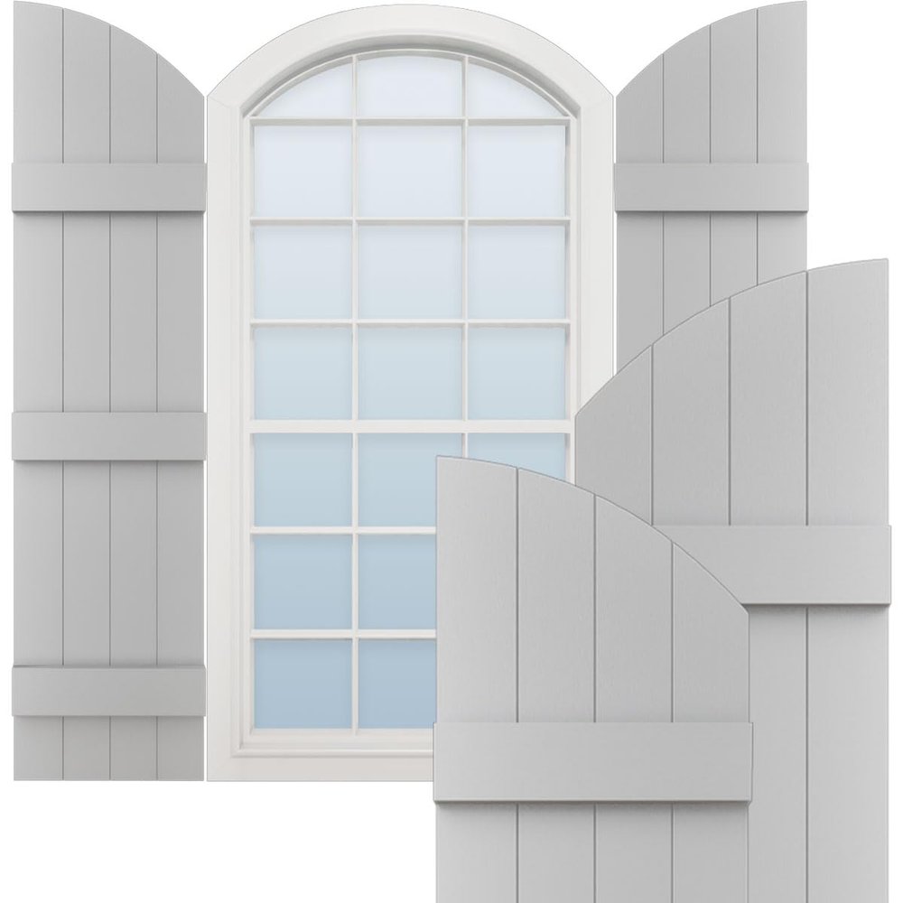 14"W x 89"H (82" Low Side) Lifetime Vinyl, Standard Four Board Joined w/Archtop, Board-n-Batten Shutters, w/Installation Shutter-Lok's & Matching Screws (Per Pair), Paintable