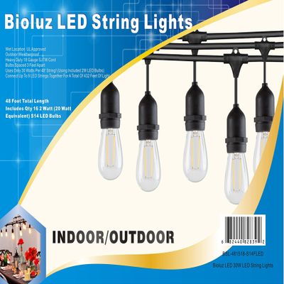 Bioluz LED Outdoor String Lights, 48' String Lights for Patio, Weatherproof with 15 Sockets with 16 Vintage LED Bulbs (1 Extra) for Porch Deck Bistro Garden Party UL Listed
