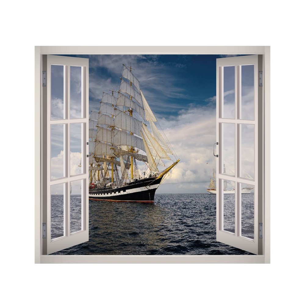 West Mountain Boat Ocean View Window 3D Wall Decal Art Removable Wallpaper Mural Sticker Vinyl Home Decor W74 (Giant (65''W x 46''H))