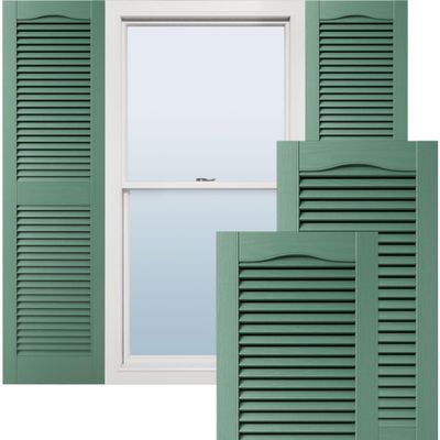 12"W x 80"H Lifetime Vinyl, Standard Cathedral Top Center Mullion, Open Louver Shutters, w/Installation Shutter-Lok's & Matching Screws (Per Pair), Forest Green