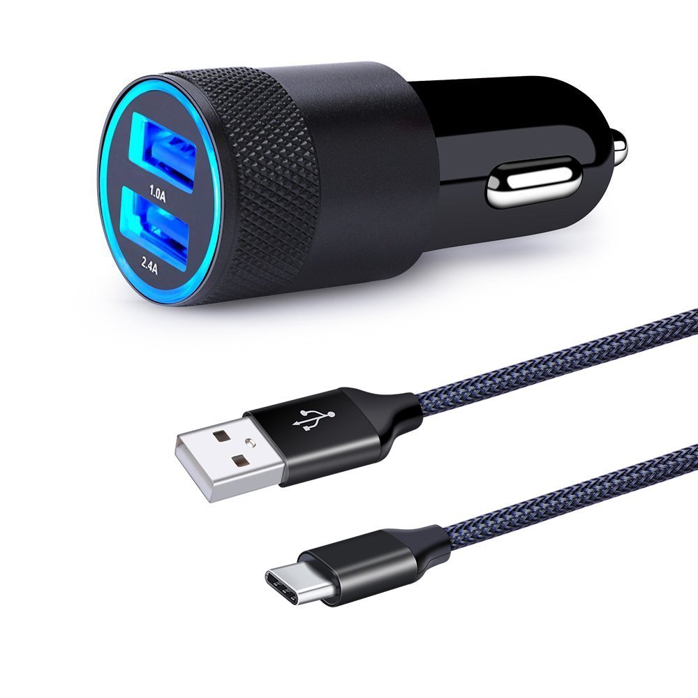 USB Type C Car Charger, Dual Port Car Adapter with 6ft Fast Charge C Cable