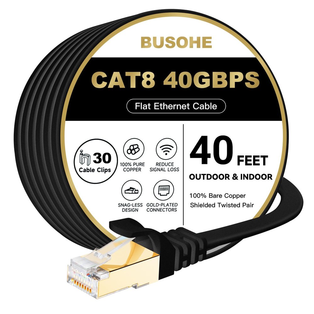 BUSOHE Cat 8 Ethernet Cable 40 FT, 40Gbps 2000MHz Cat8 High Speed Flat Internet Network Patch Cord, SFTP Shielded LAN Wire with Gold Plated RJ45 Connector, with Clips, Outdoor Indoor- 40FT Black