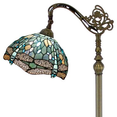 WERFACTORY Tiffany Style Reading Floor Lamp Sea Blue Stained Glass with Crystal Bead Dragonfly Lampshade in 64 Inch Tall Antique Arched Base for Bedroom Living Room Lighting S147 (No Bulb)