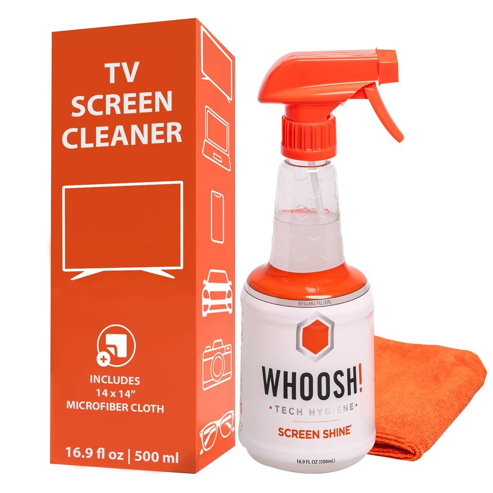WHOOSH! Pro 16.9 fl oz Refillable TV Screen Cleaner & Microfiber Cloth - Streak-Free Cleaner for Flat Screens, OLED, LCD, Smart TV, Monitors - Non-Toxic, Odorless - Electronics Cleaning Kit