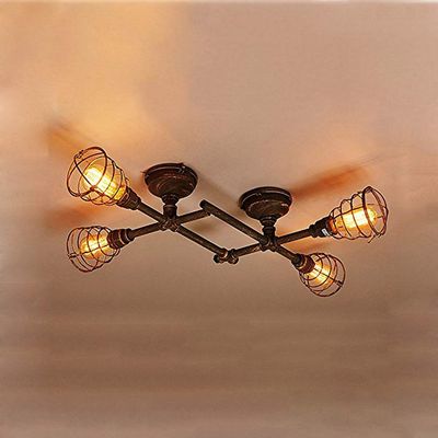 KWOKING Lighting Industrial Cross Plumbing Semi Flush Mount Ceiling Light Barn Lighting Pipe Chandelier with Cage Shade Farmhouse Light Fixture Vintage Hanging Lamp 4 Lights Rust Finish