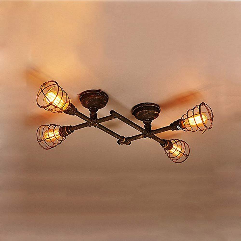 KWOKING Lighting Industrial Cross Plumbing Semi Flush Mount Ceiling Light Barn Lighting Pipe Chandelier with Cage Shade Farmhouse Light Fixture Vintage Hanging Lamp 4 Lights Rust Finish